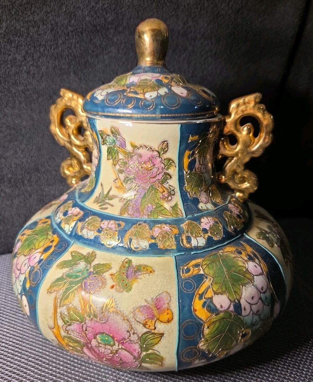 vintage hand-painted Satsuma-style lidded vase with golden handles